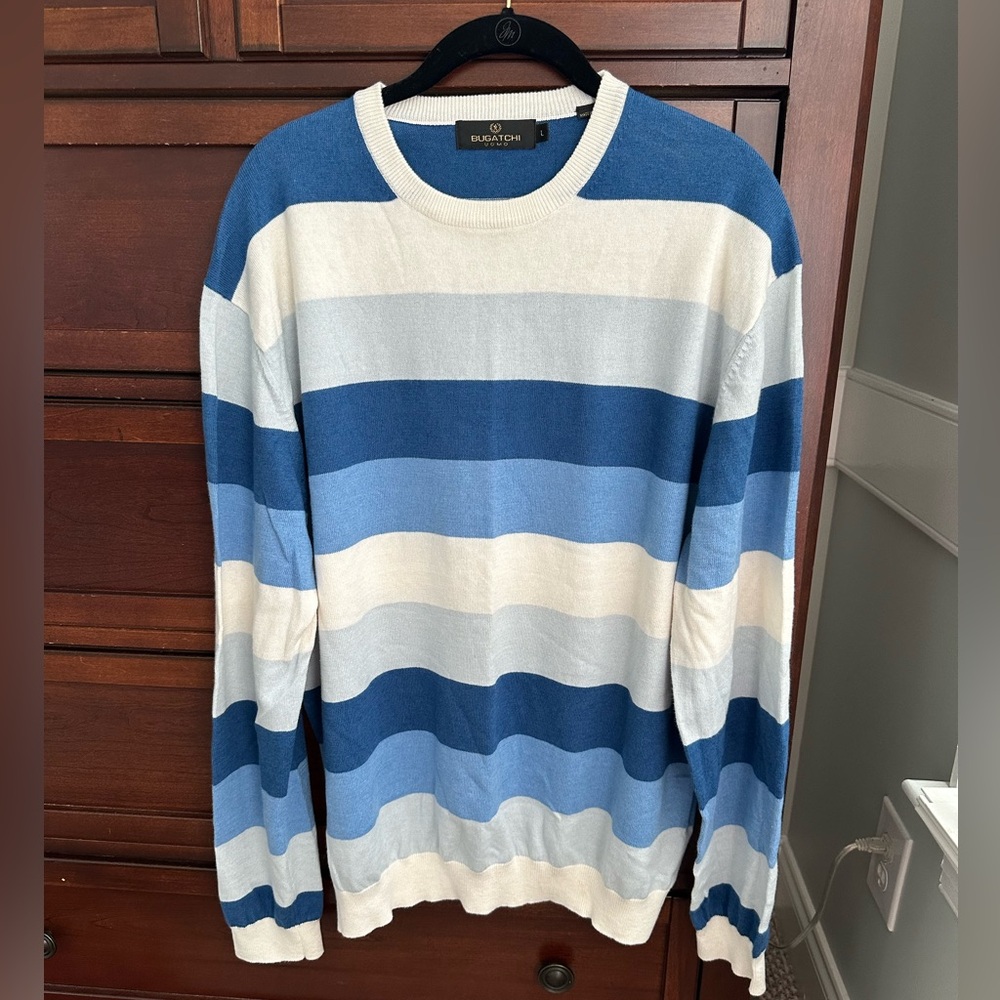 Bugatchi Striped Crewneck Sweater in Navy, Light Blue & White